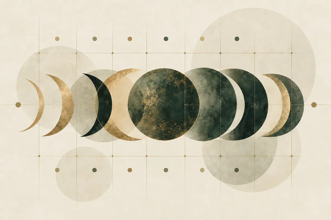 Abstract illustration of moon phases across a calendar grid