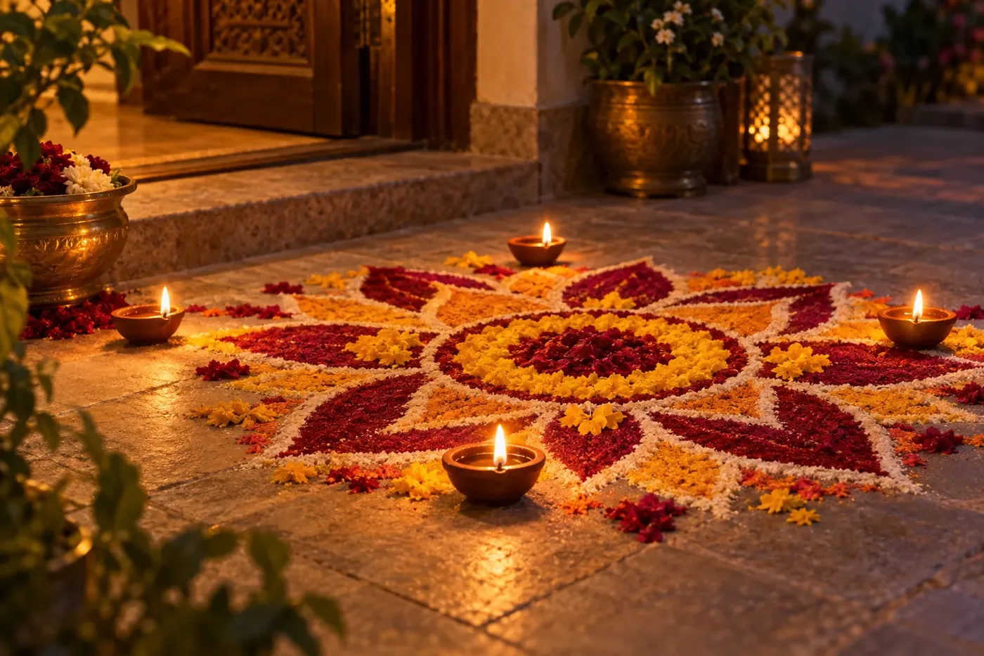 Rangoli patterns and lit diya lamps on a doorstep