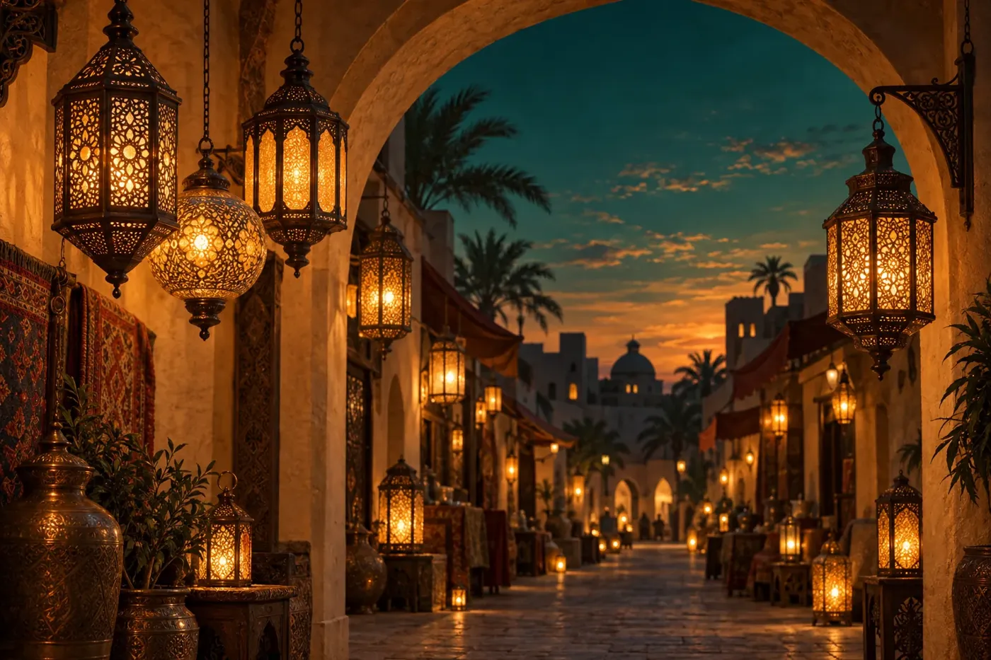 Lanterns lining a market archway at dusk