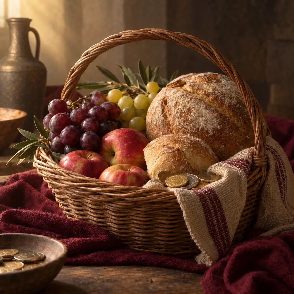 A basket filled with bread, fruit, and coins