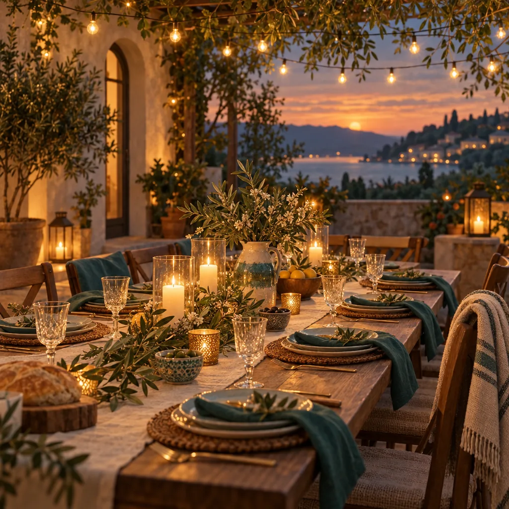 A set table with warm string lights for a family gathering