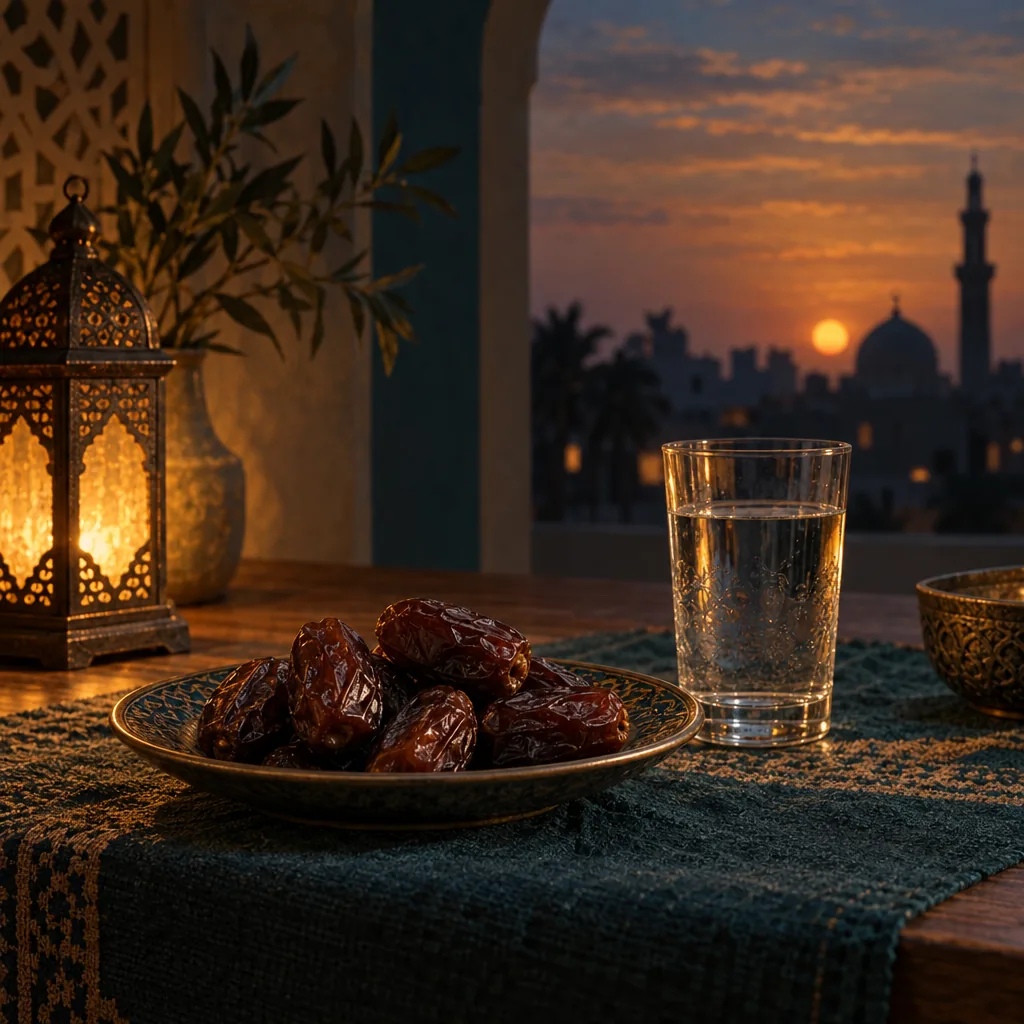 A dusk table set with dates and a glass of water