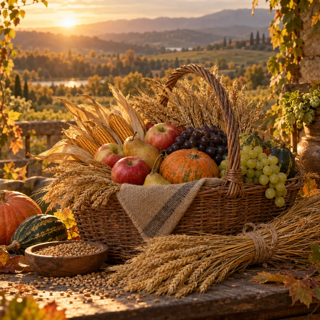 A basket overflowing with grain, fruit, and wheat