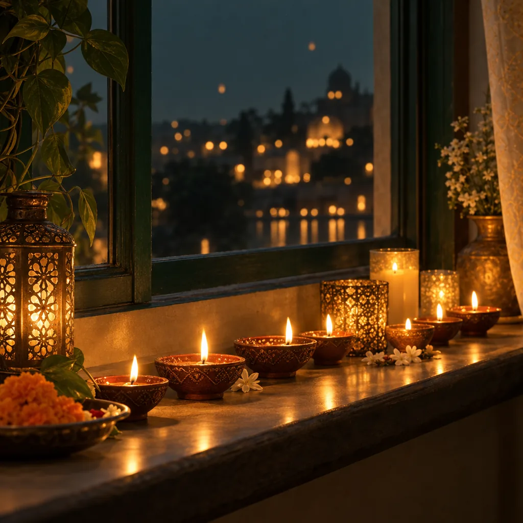 Small lamps lit along a windowsill at night