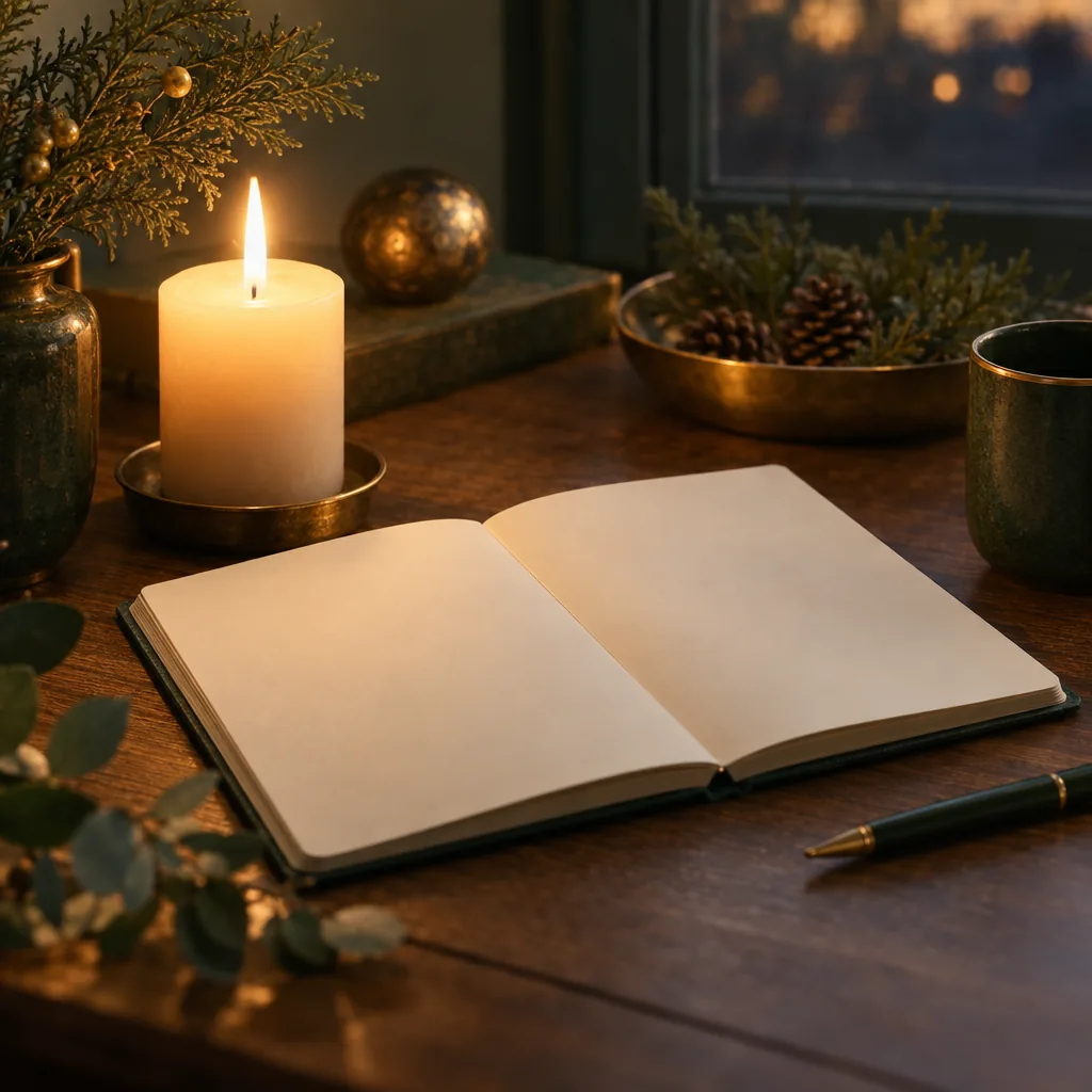 A lit candle beside a blank notebook
