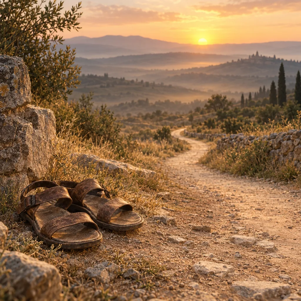 A path leading toward distant hills, sandals resting beside it