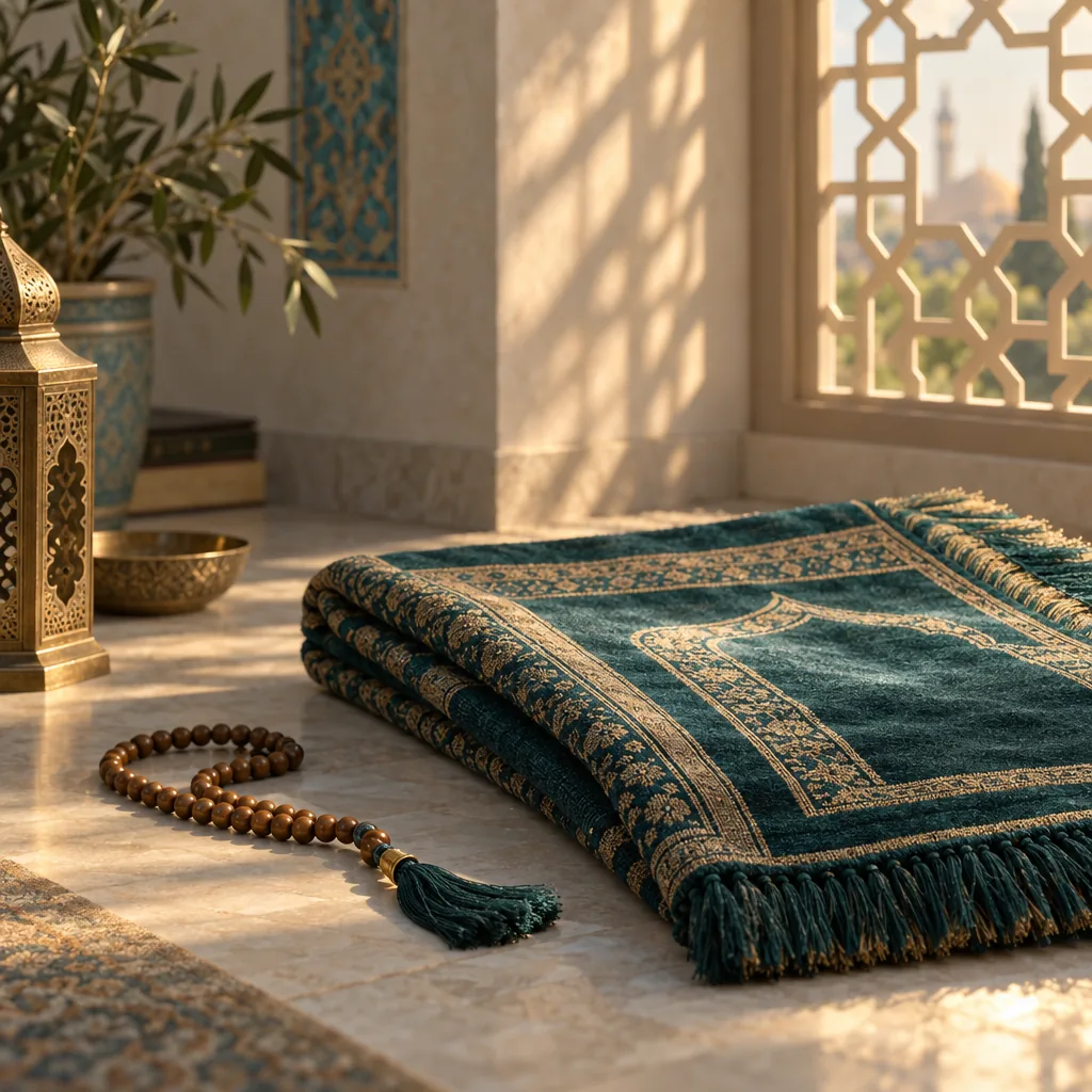 A prayer mat and prayer beads laid out at dusk